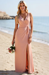 Blush Langes Brautjungfernkleid aus Satin mit V-Ausschnitt und Schlitz